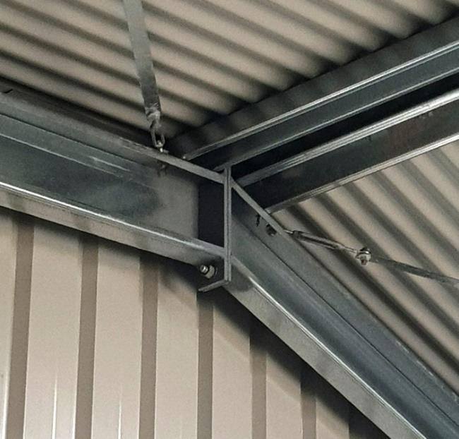 Fully welded apex connection on a Blackbird Industries shed frame
